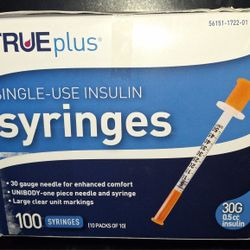 TRUEplus Single Use Insulin Syringes 30G 0.5cc 5/16 Inch Needle Length 100 Count (10 Packs of 10)
