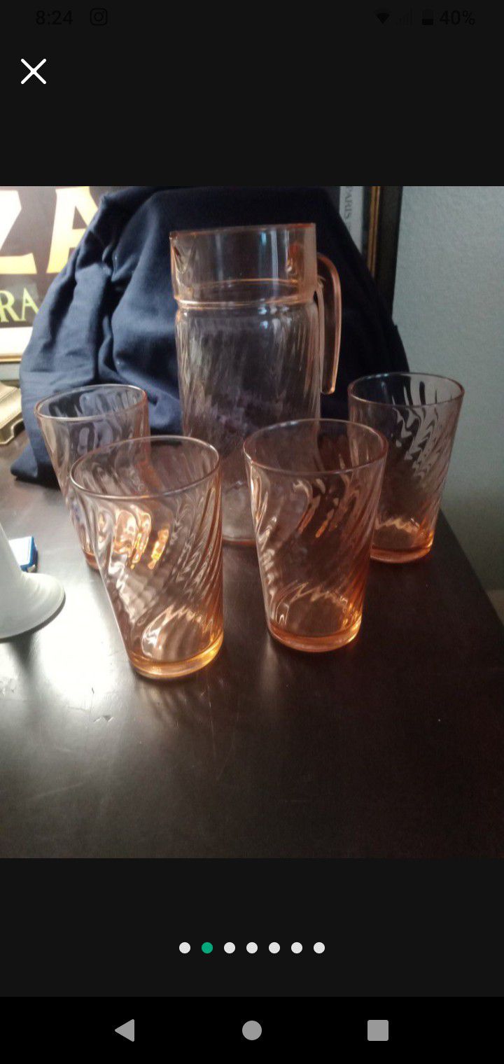 VINTAGE PINK SWIRL ROSALINE ARCOROC FRANCE PITCHER & 4 DRINKING GLASSES TUMBLERS

