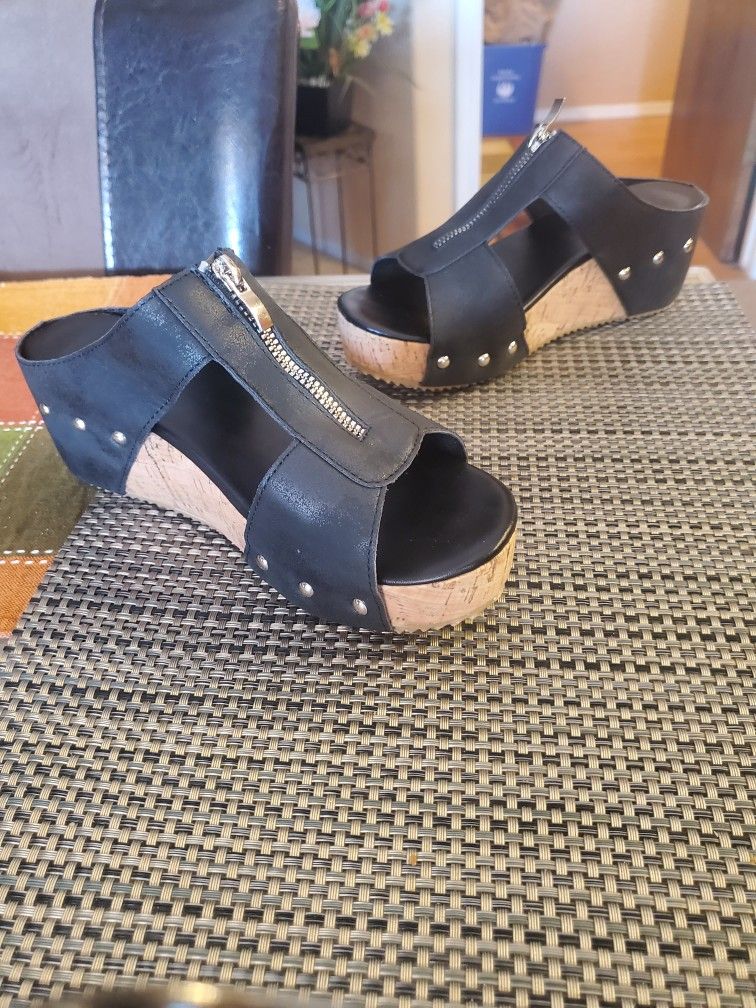 Size 5, Cork Wedge Platform Leather Slides