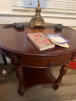 Round Cherry Wood End Table with Drawer