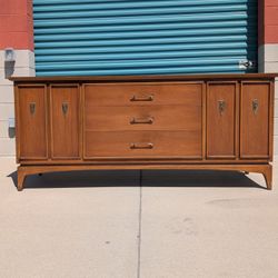 Vintage Mid Century Kent Coffey "The Wharton" Walnut and Stainless 9 Drawer Lowboy Dresser, c1960s
