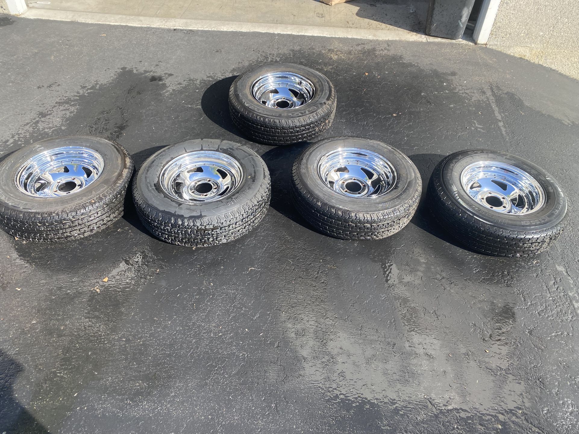 Chrome Trailer Wheels And Tires (5) One Wheel Minor Damage.