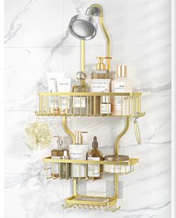 Never-Rust Aluminum Hanging Shower Caddy – Over-the-Showerhead Organizer with 10 Hooks for Razor and Sponge – Includes Soap Basket – Gold