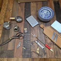 Vintage antique kitchen tools lot, scissors, Tin Cutters, slicer, bowls, can openers, graters