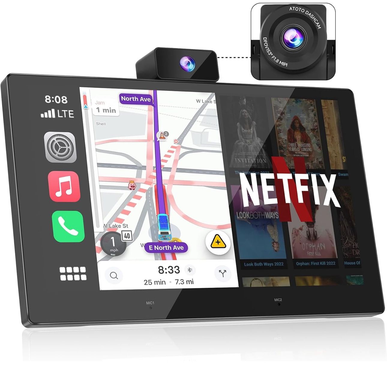 New-Portable Carplay Screen for Car - 9" Wireless CarPlay & Android Auto Touchscreen with DashCam, Bluetooth, GPS Navigator, Voice Control, Music Play