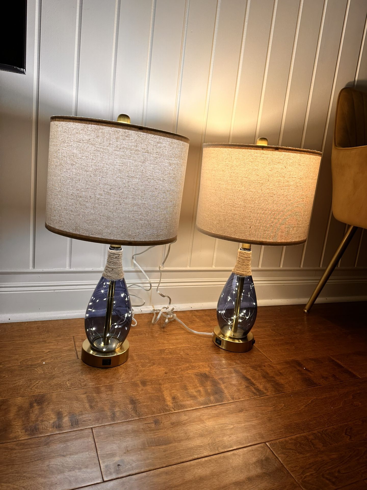 Set of 2 Boho Rattan Table Lamps with USB, Blue Lamps for Any Room
