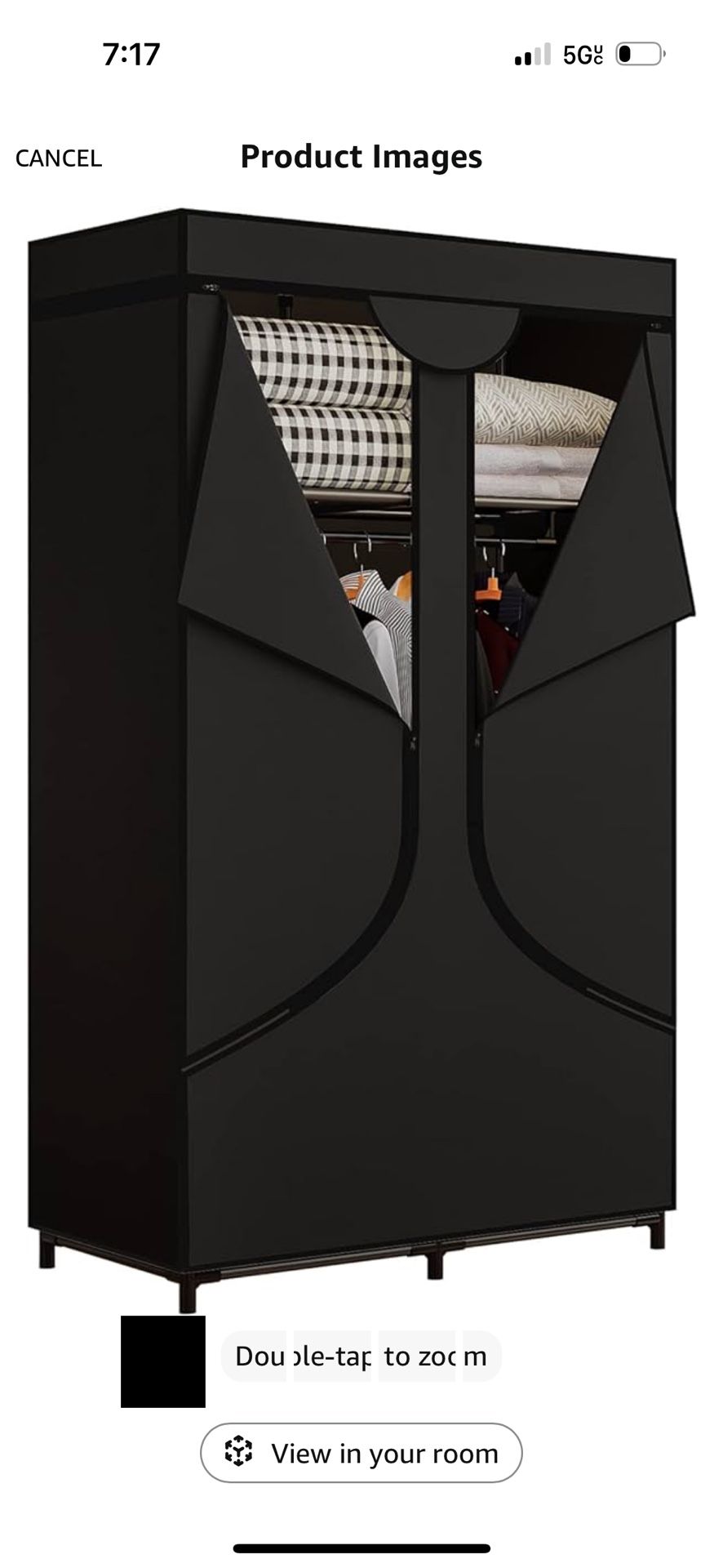 Portable Wardrobe Closet Storage Organizer Metal Hanging Rack Non-Woven Fabric 34 Inch Black