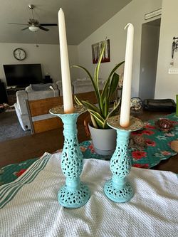 Turquoise Ceramic Taper Candlestick Holders Set of 2