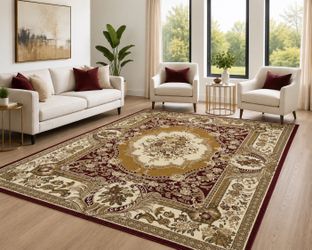 8x10 Burgundy Cream Traditional Persian Floral Medallion Area Rug – Elegant Classic Living Room Carpet