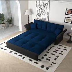 Harper & Bright Designs 74.8 in. Blue Velvet Queen Size Sofa Bed Convertible Loveseat with 2-Soft Pillows