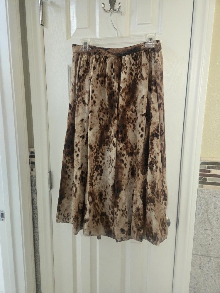Long Flowing Tan & Brown Animal Print Pleated Midi Skirt Size L