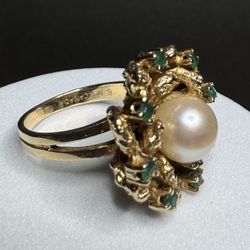 14k Pearl And Emerald Ring