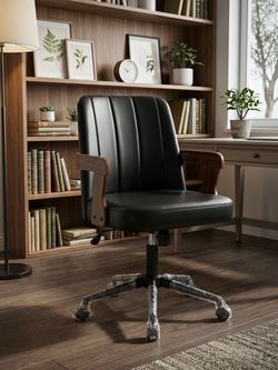 Mid-Century Modern Black Faux Leather Office Chair Walnut Bentwood Swivel Desk Chair (Ready to Use)