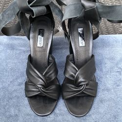 Topshop ‘Rosetta’ Soft Knot Wrap-around Block Heel Sandal Black Leather Size 6.5 (37)