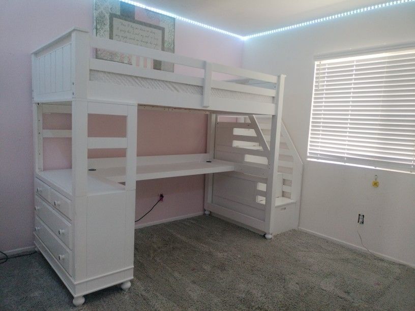 White Wooden Twin Trundle Loft Bunk Bed With Desk And Drawers
