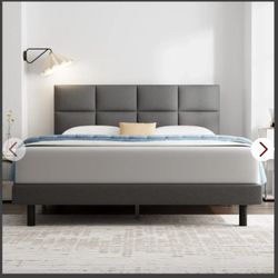 GELBIY Twin Size Platform Bed With Fabric Upholstered Headboard, Dark Grey