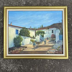 Gracia Bovis Oil On Canvas Painting Of Greece Village / Porphyra Potamos Hotel?