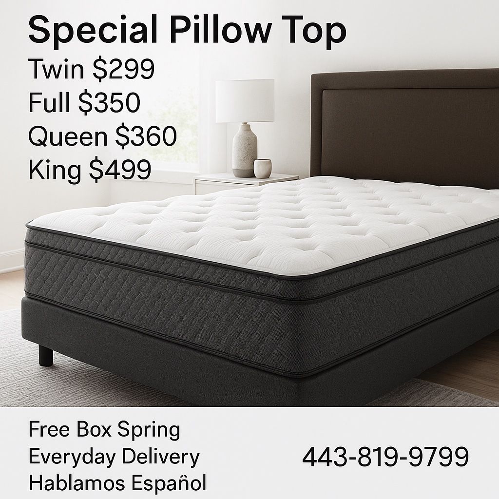 Queen Pillows Top With Free Box Spring - Same Day Delivery