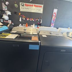 Maytag Top Load Washer & Gas Dryer in Volcano Black