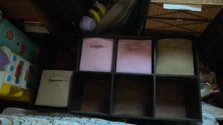 Dark Brown Cubby Storage Shelf with Fabric Bins