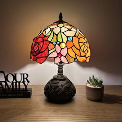 Tiffany Style Table Lamp Stained Glass Rose Flowers ET1003