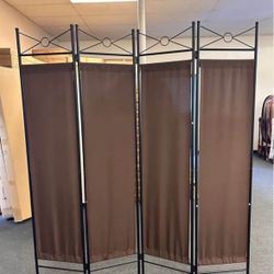 4 Panels Room Divider Metal Brown Fabric Insert 