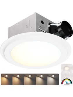 100 CFM Round Bathroom Exhaust Fan with Light and Humidity Sensor, 1.2 Sones Quiet Ceiling Mount Ventilation Fan, 5CCT Selectable Dimmable LED, Wet Ra
