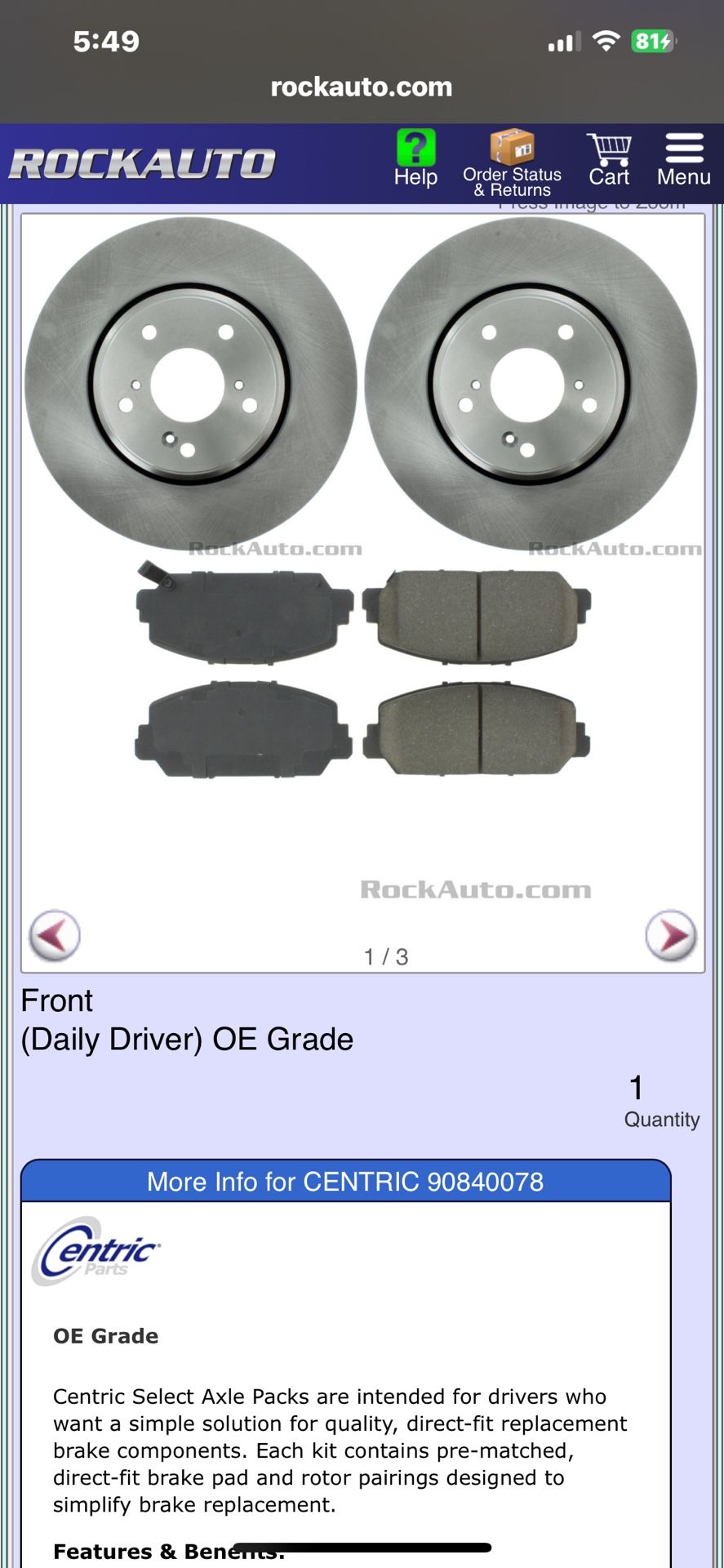 Rotor and brake pad Kit