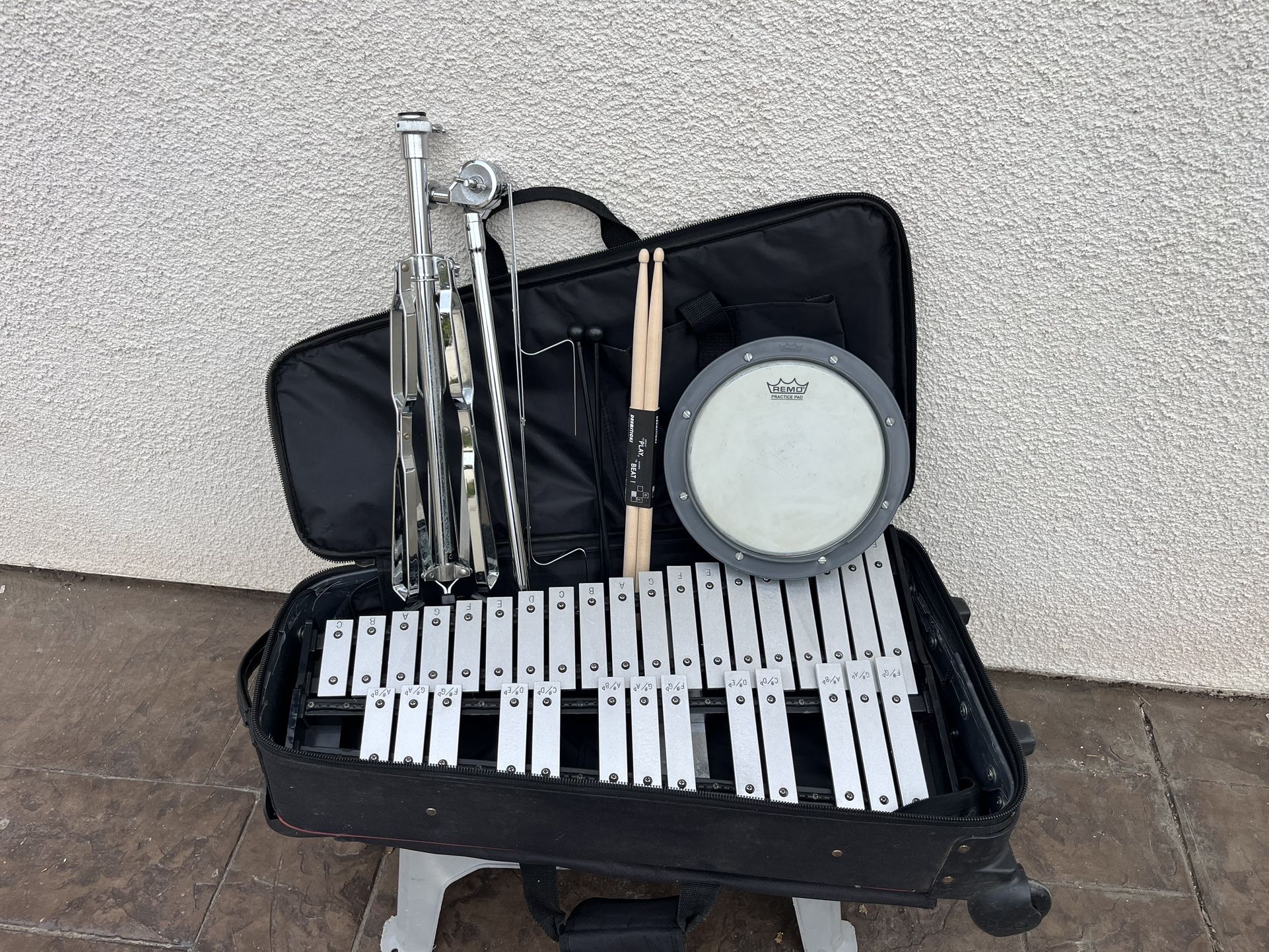 CB XYLOPHONE BELL KIT W/ STAND, PRACTICE DRUM, MALLETS, ROLLING CASE!