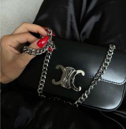Celine Black Triomphe Calf Skin Shiny Chain Shoulder Bag