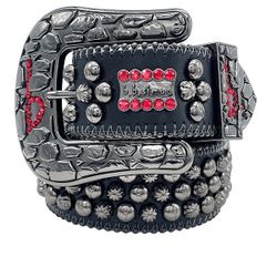  B. B Simon 'b' Rockstar studded leather red belt size 36
