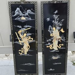 Set 2 Wall Panels Geisha with Swords Mother of Pearl (12"×36")