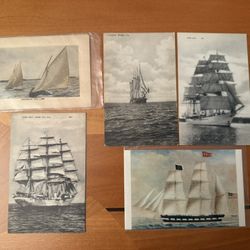 Vintage Rare Set Of 5 Postcards, Sailboats 