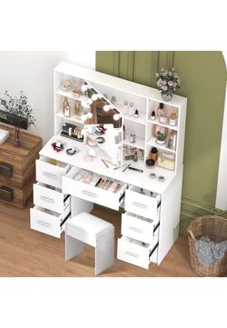 New White Vanity Desk with Mirror and Lights, 40" Makeup Vanity Table with Hidden Storage Behind Mirror, Drawers and Chair, Hollywood Vanity with 3 Li