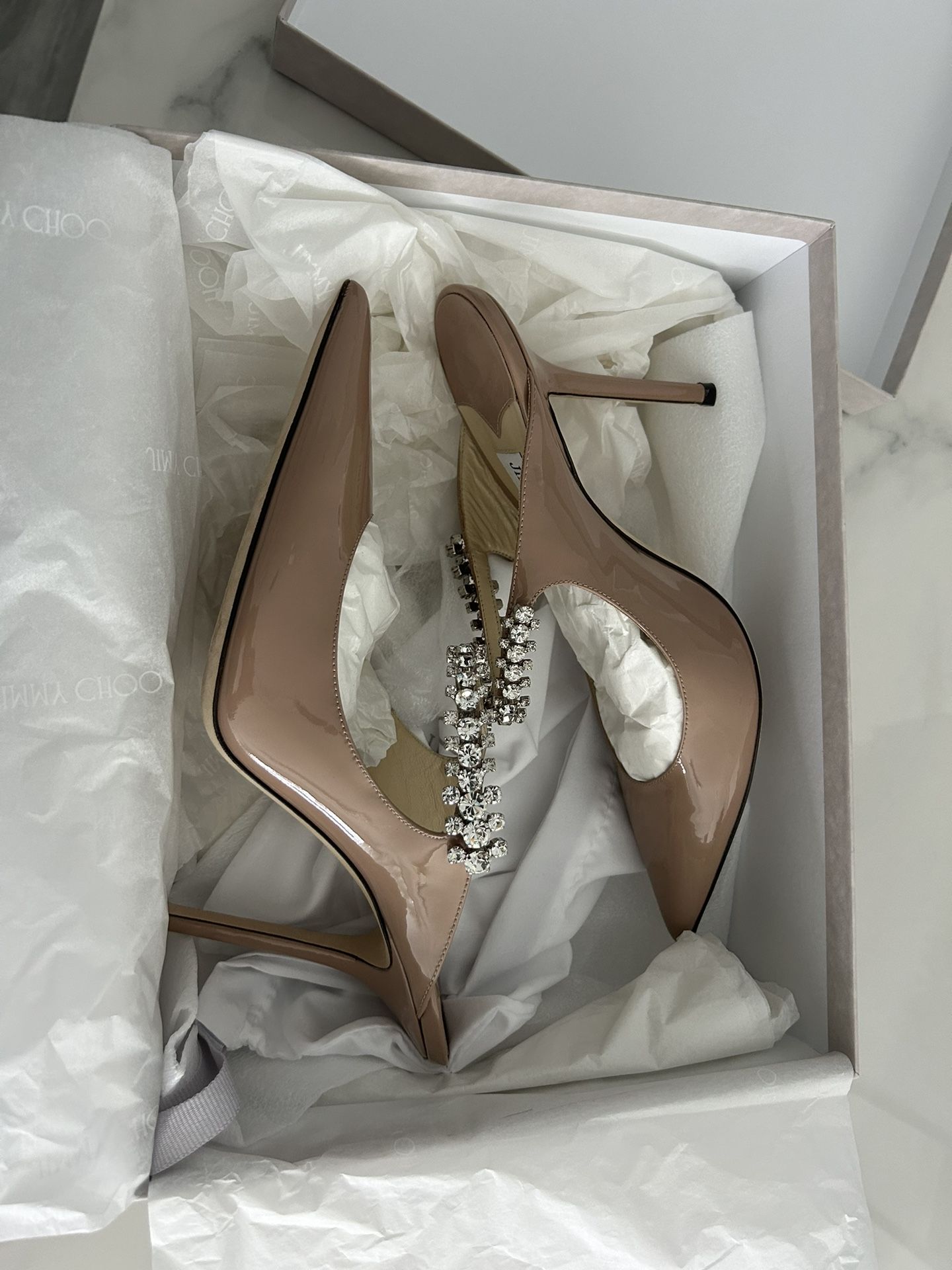 Jimmy Choo Bing 65 Ballet Pink Patent Leather Mules Crystal Strap 37