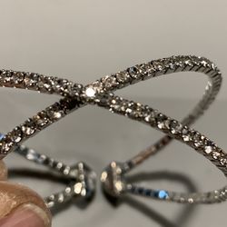 Women’s Adjustable Bracelet In Silver Metal & Clear Stones That Reflect Brilliantly In The Light, Spring Type Design Slip On/off Wrist, Fits Various