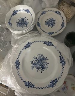 Vintage Dresden Blue Dinner Plates Bowls Cake Plates Set Of 12