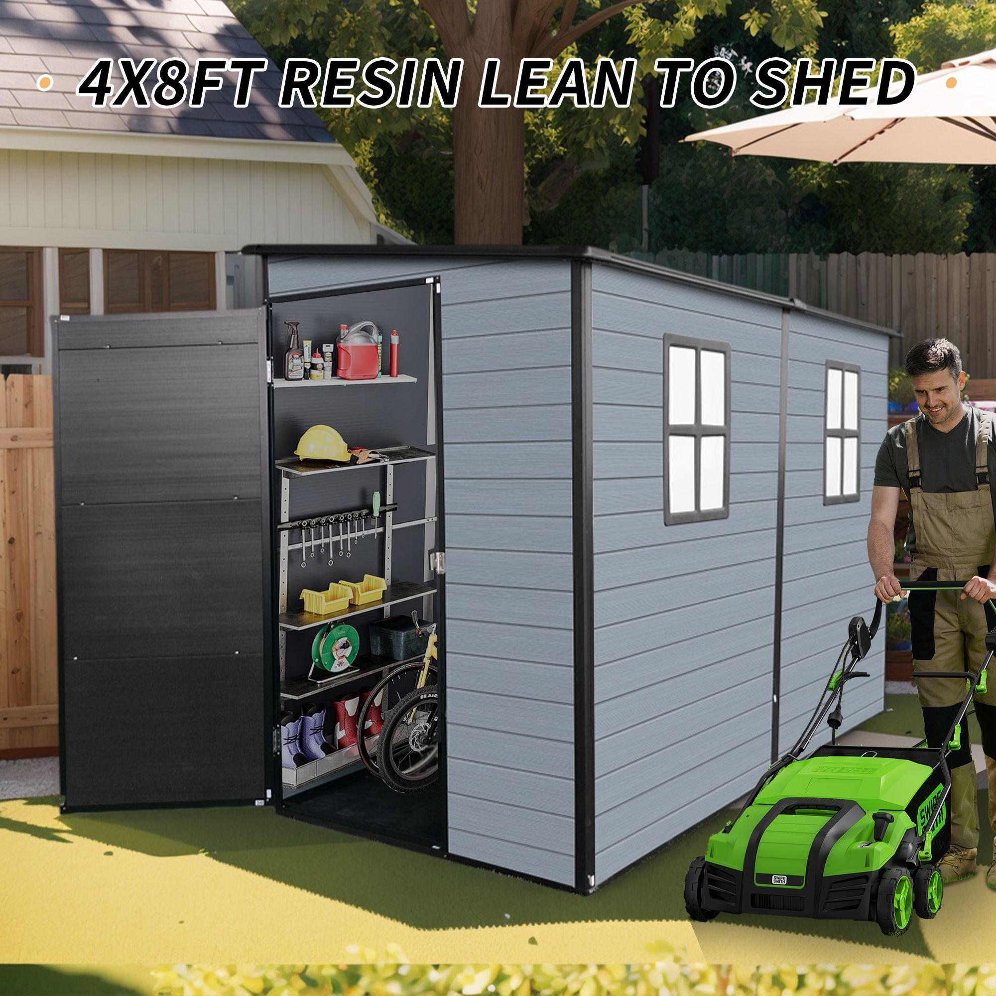4x8ft Outdoor Resin Garden Shed with Floor and 2 Windows, Plastic Patio Outdoor Storage Shed with Lockable Door for Garden Tools, Bicycles, Trash Cans