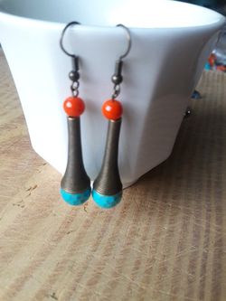 Handmade, turquoise and coral beads, vintage earrings, nickel free