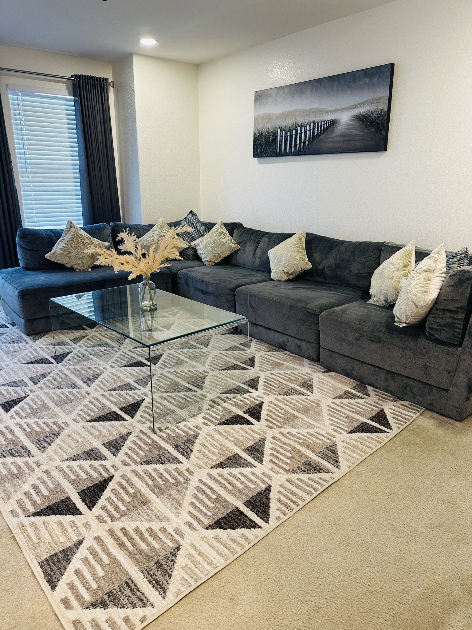 Modern Grey Sectional Sofa + Glass Coffee Table (Excellent Condition)