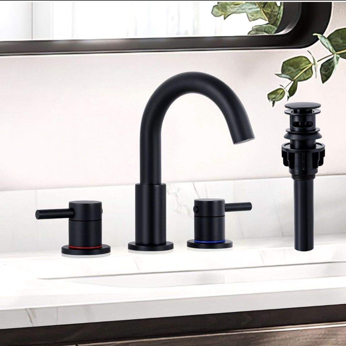 KZH Matte Black Bathroom Faucet 3 Hole, 8 inch Widespread Bathroom Faucet with Pop Up Drain, Bathroom Sink Faucet with 360° Swivel Spout, 2 Handle Van