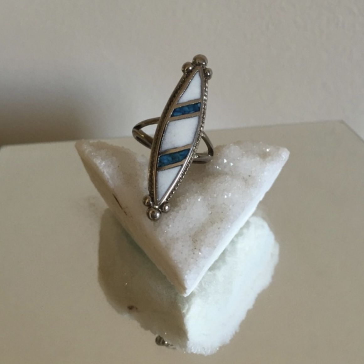 Vintage Turquoise Stone Blue White Colorblock Diamond Shaped Statement Ring