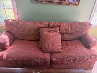 Red and Gold Floral Sofa and Arm Chair