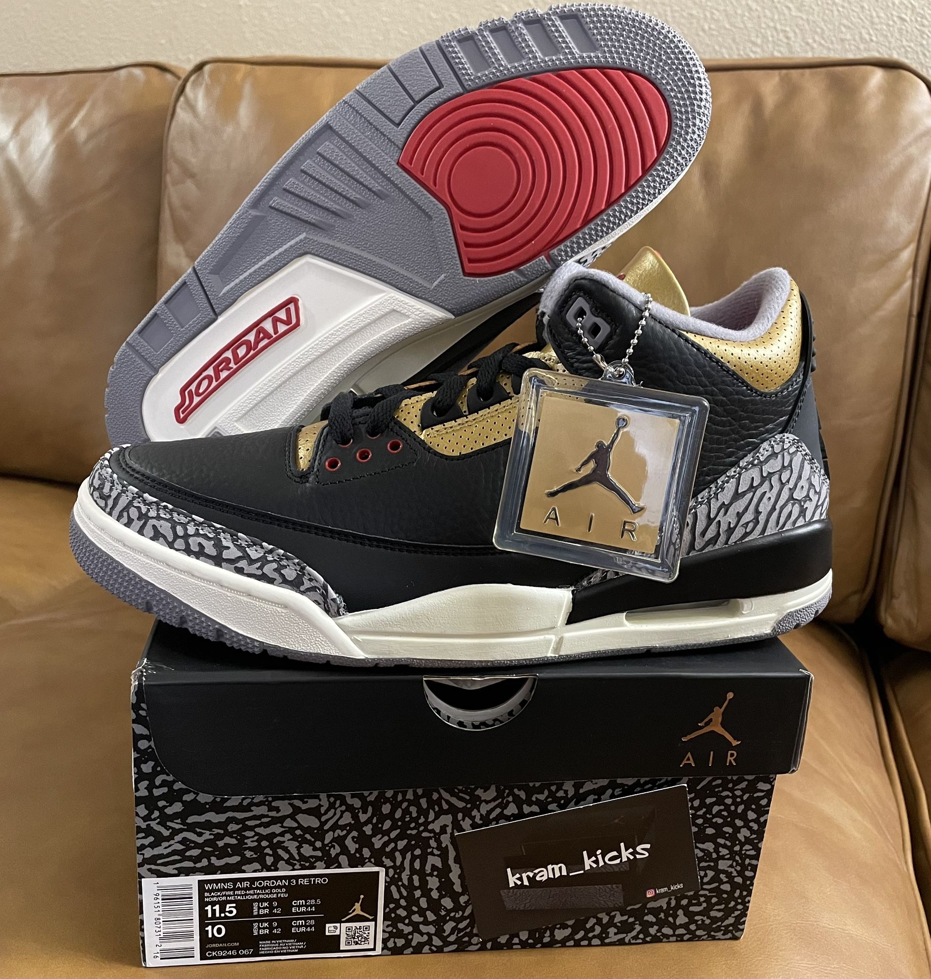 New* Air JORDAN 3 Retro "Black Cement Gold" MENS Size 10 or Womens 11.5 US - OG All DS