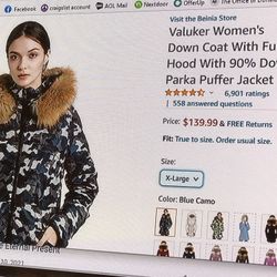 Valuker XL Women’s 90% Down Hooded Puffer Parka New With Tags