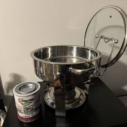 Round Chafing Dish w/ Glass Lid, Lid Holder & Extra Sterno