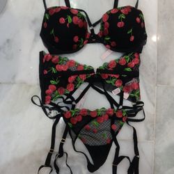 3 Piece Cherry Lingerie Set Bra, Panty, Garter Sz, S $110 OBO 