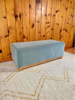 Soft Blue Velvet Upholstered Bench with Wood Base