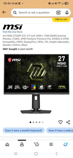 msi MAG 275QPF E21 27-inch 2560 x 1440 (QHD) Gaming Monitor, 210Hz, AMD FreeSync Premium Pro, NVIDIA G-SYNC Compatible, HDMI, DisplayPort, VESA, Tilt,
