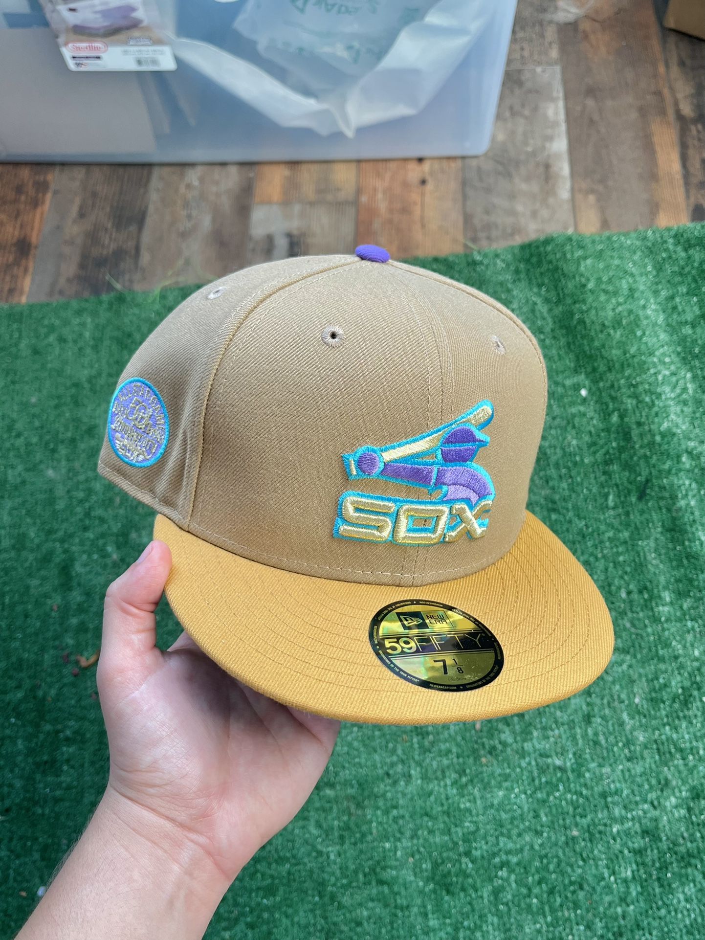 RARE Exclusive Two Tone SOLD OUT White Sox 59fifty New Era Fitted Tan Khaki Wheat Brown Hat with Blue Teal UV •SOLD OUT EXCLUSIVE LIMITED RELEASE •